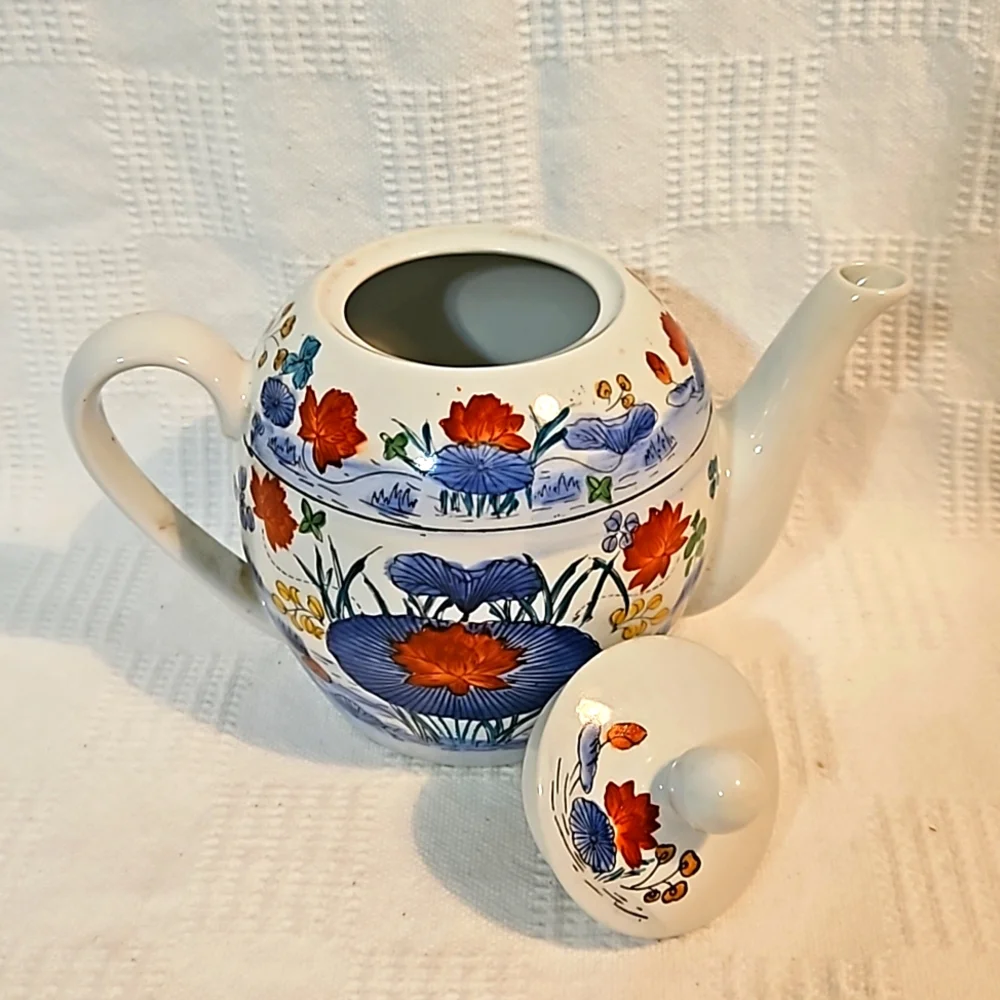 Vintage Williams Sonoma Grande Cuisine Ceramic Teapot Asian Floral Motif